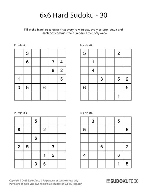 6x6 Sudoku - Hard - 30