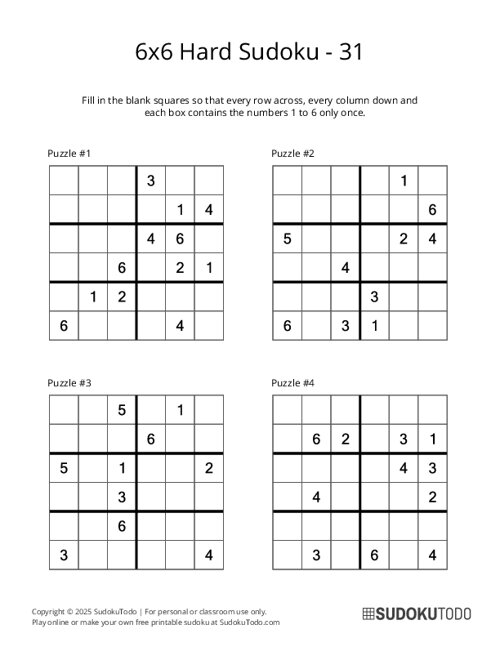 6x6 Sudoku - Hard - 31