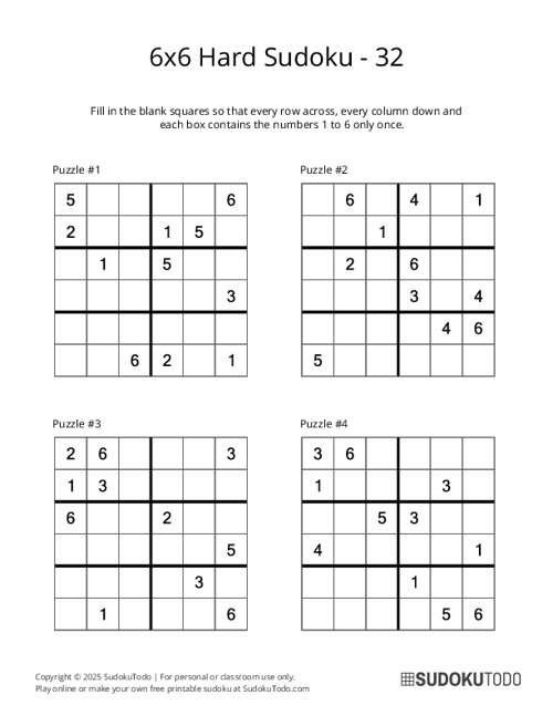 6x6 Sudoku - Hard - 32