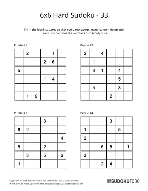 6x6 Sudoku - Hard - 33