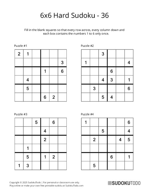 6x6 Sudoku - Hard - 36