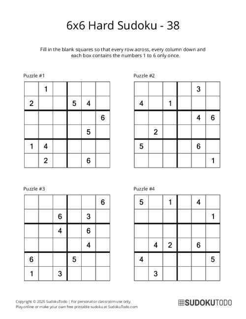 6x6 Sudoku - Hard - 38