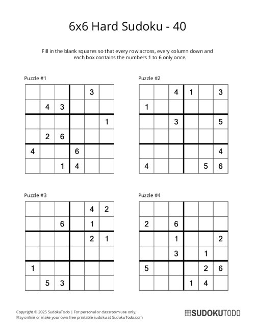 6x6 Sudoku - Hard - 40