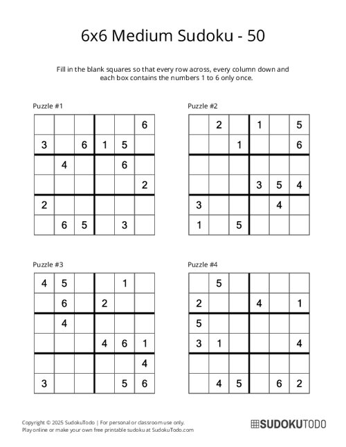 6x6 Sudoku - Medium - 50