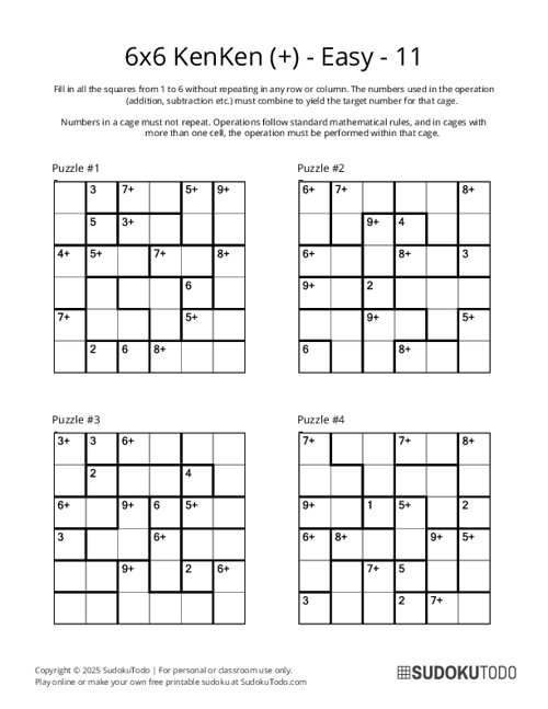 6x6 KenKen (+) - Easy - 11