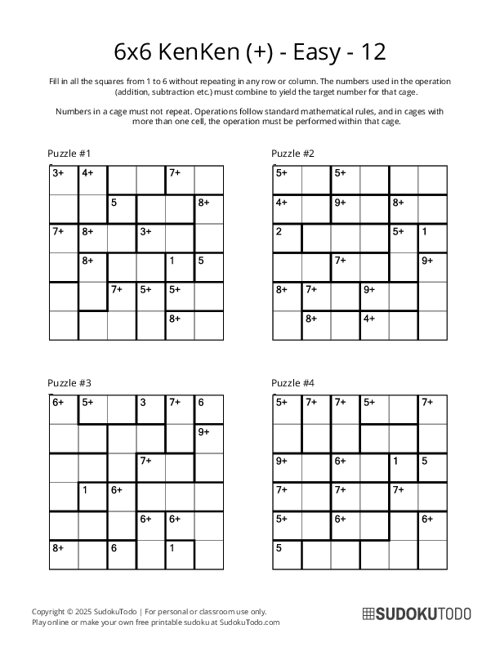 6x6 KenKen (+) - Easy - 12