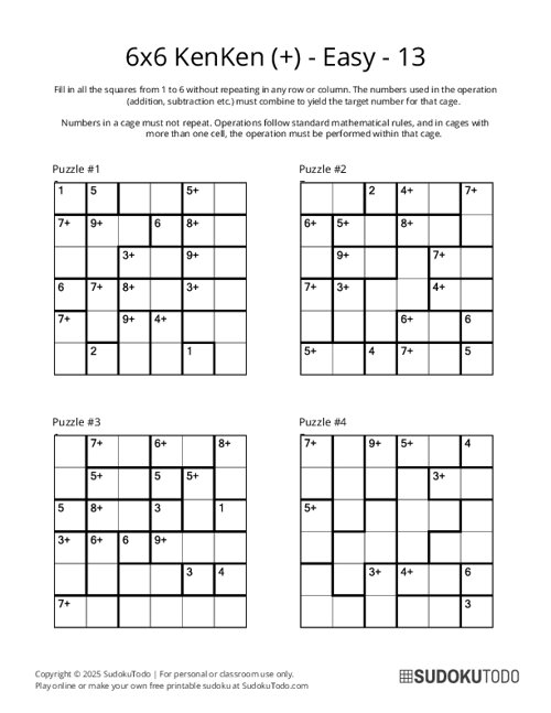 6x6 KenKen (+) - Easy - 13