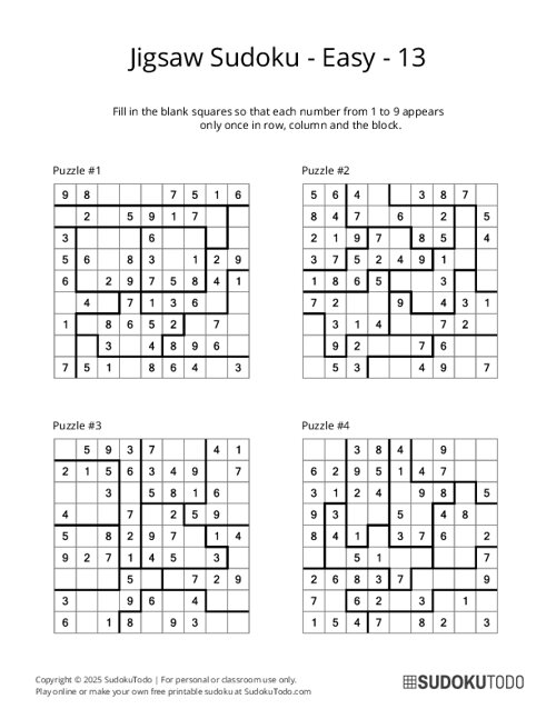 Jigsaw Sudoku - Easy - 13