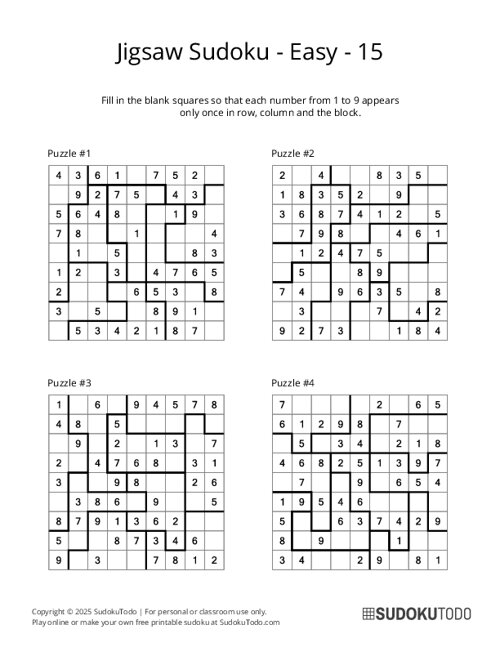 Jigsaw Sudoku - Easy - 15