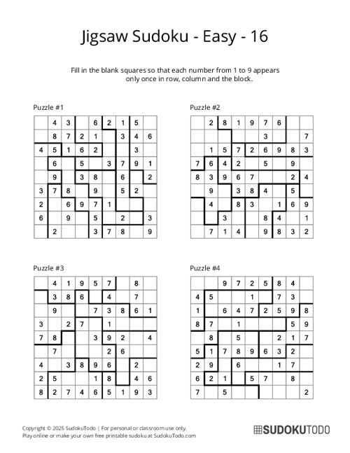 Jigsaw Sudoku - Easy - 16