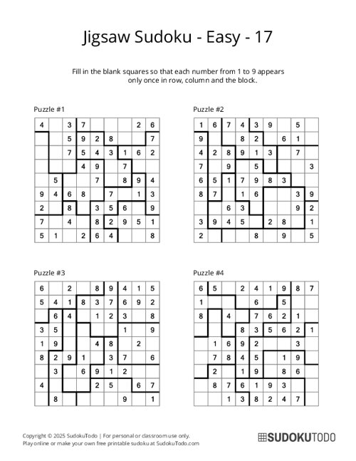 Jigsaw Sudoku - Easy - 17