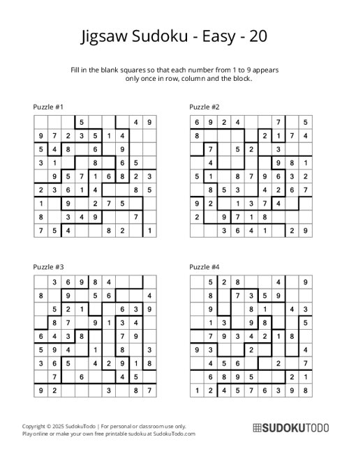 Jigsaw Sudoku - Easy - 20