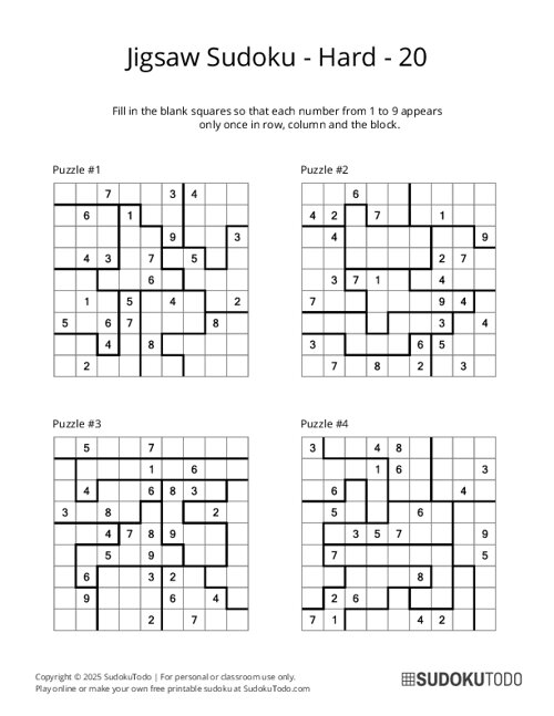 Jigsaw Sudoku - Hard - 20