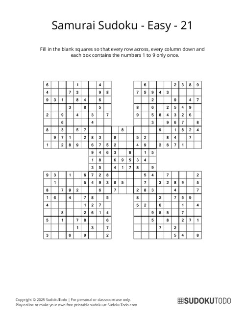 Samurai Sudoku - Easy - 21