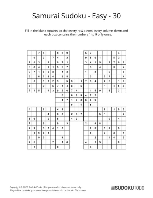 Samurai Sudoku - Easy - 30