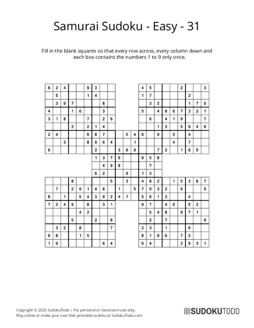 Samurai Sudoku - Easy - 31