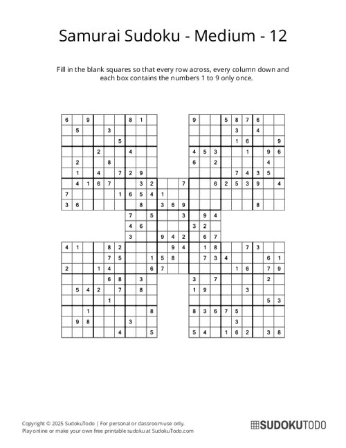 Samurai Sudoku - Medium - 12