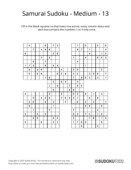 Samurai Sudoku - Medium - 13