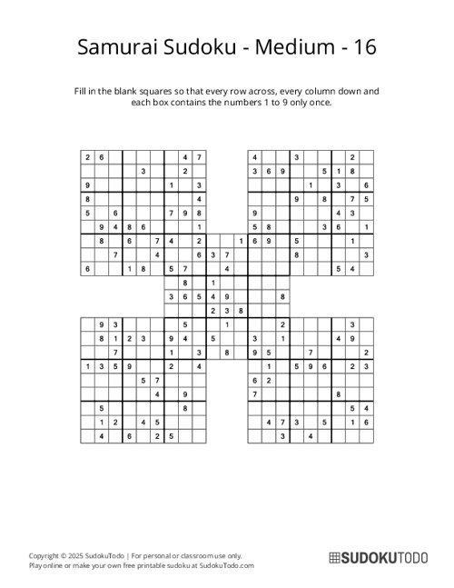 Samurai Sudoku - Medium - 16