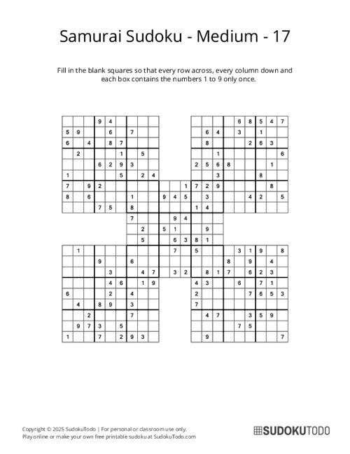 Samurai Sudoku - Medium - 17