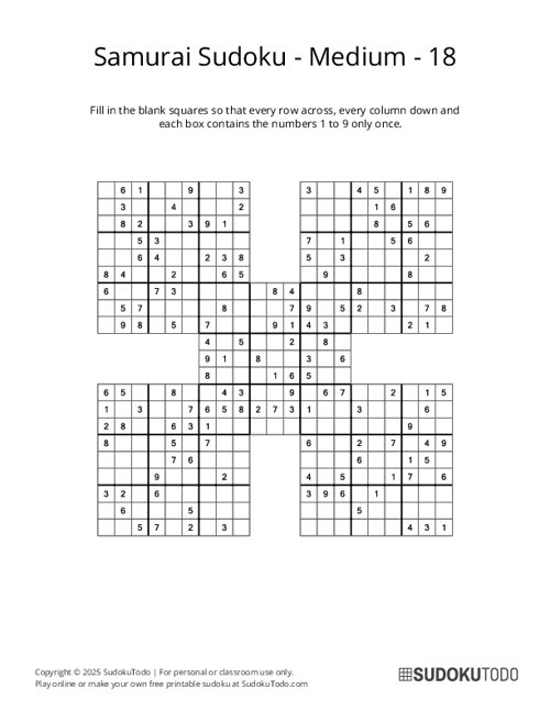 Samurai Sudoku - Medium - 18