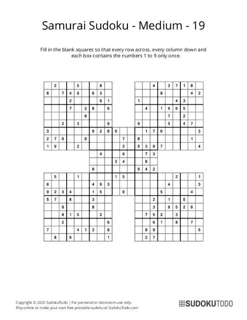 Samurai Sudoku - Medium - 19