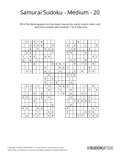 Samurai Sudoku Puzzles Printable