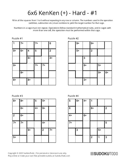 6x6 KenKen (+) - Hard - 1