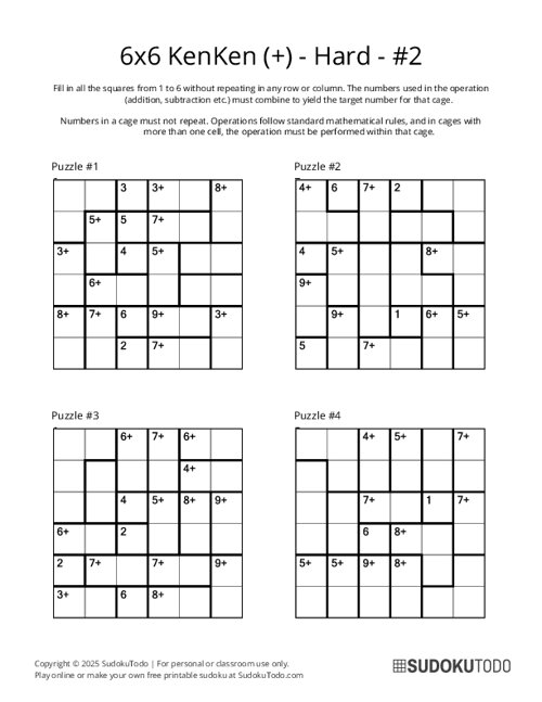 6x6 KenKen (+) - Hard - 2