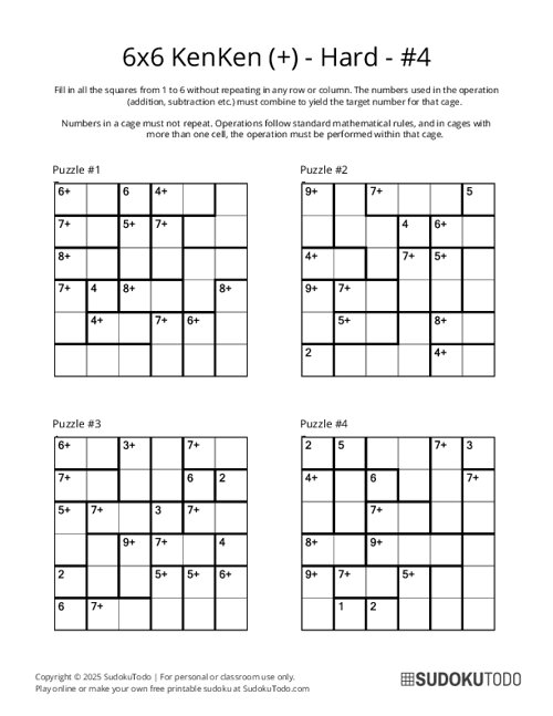6x6 KenKen (+) - Hard - 4