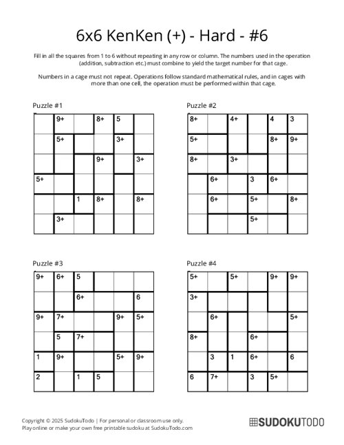 6x6 KenKen (+) - Hard - 6