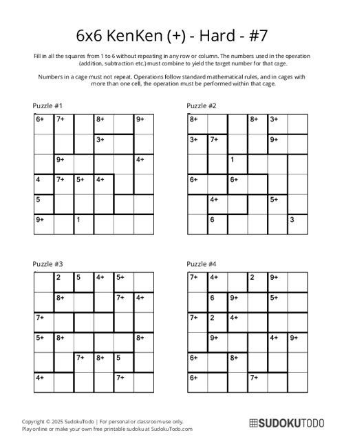 6x6 KenKen (+) - Hard - 7