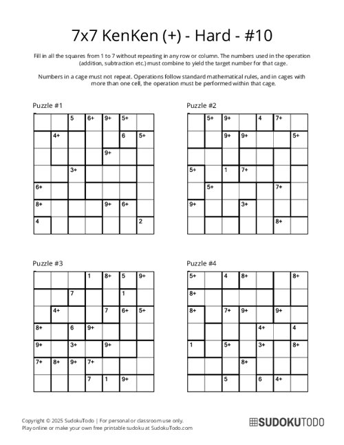 7x7 KenKen (+) - Hard - 10