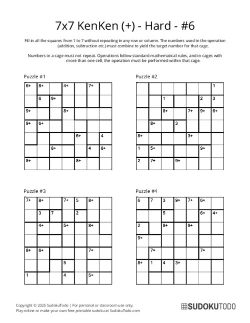 7x7 KenKen (+) - Hard - 6