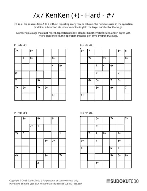 7x7 KenKen (+) - Hard - 7
