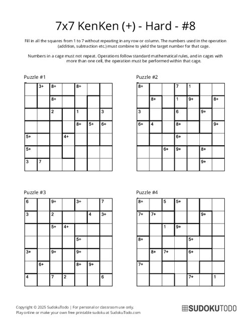 7x7 KenKen (+) - Hard - 8