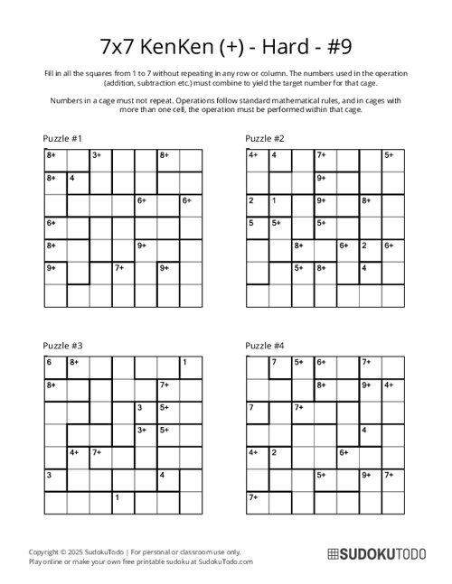 7x7 KenKen (+) - Hard - 9