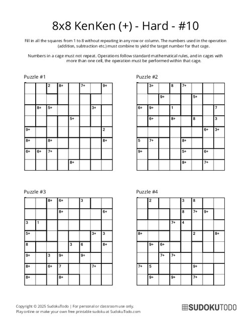 8x8 KenKen (+) - Hard - 10