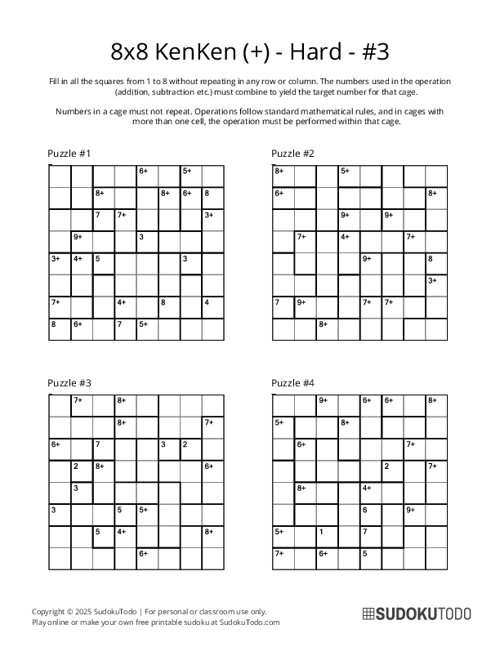 8x8 KenKen (+) - Hard - 3