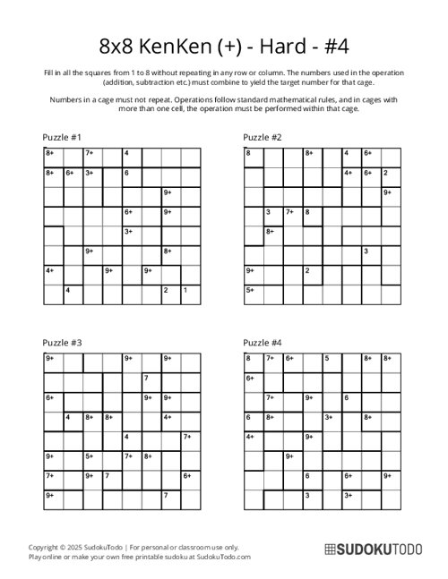 8x8 KenKen (+) - Hard - 4