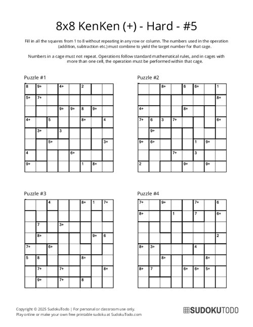 8x8 KenKen (+) - Hard - 5