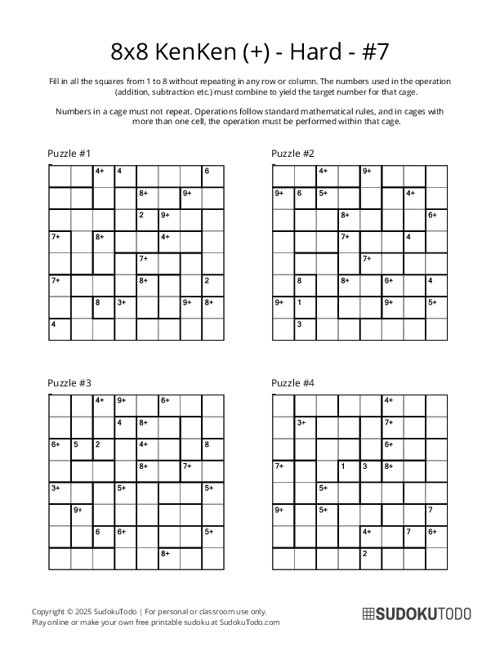 8x8 KenKen (+) - Hard - 7