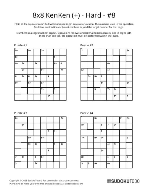 8x8 KenKen (+) - Hard - 8
