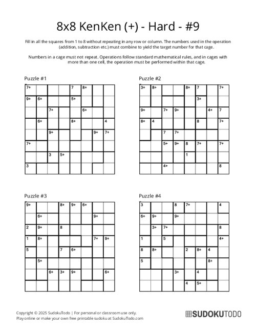 8x8 KenKen (+) - Hard - 9