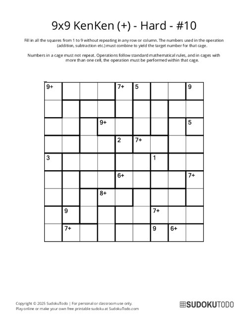 9x9 KenKen (+) - Hard - 10