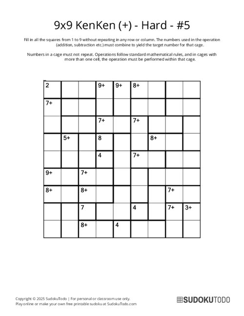 9x9 KenKen (+) - Hard - 5