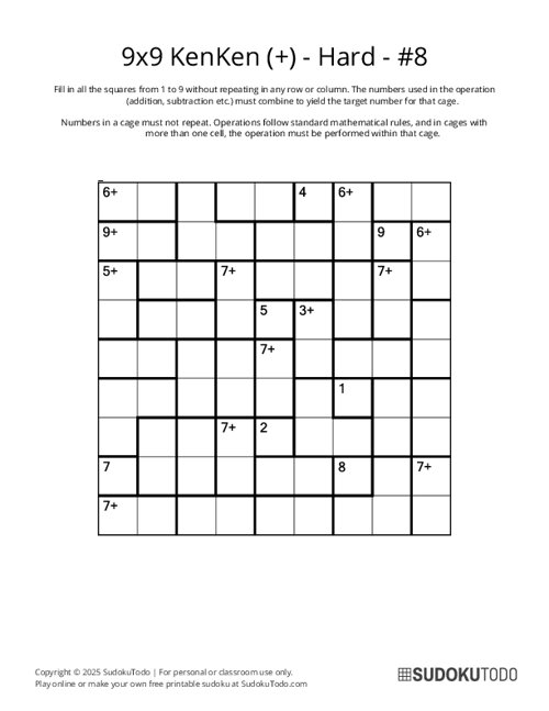 9x9 KenKen (+) - Hard - 8