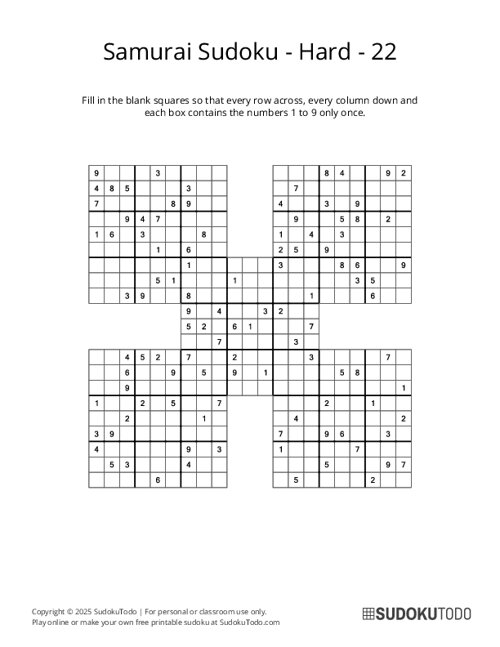 Samurai Sudoku - Hard - 22