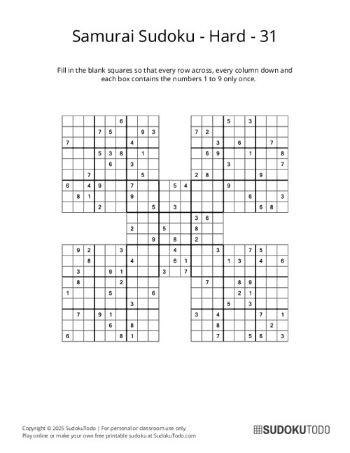 Samurai Sudoku - Hard - 31