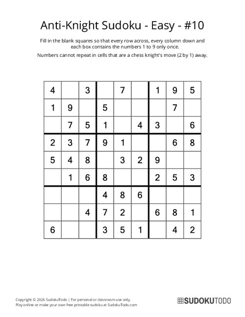 Anti-Knight Sudoku - Easy - 10